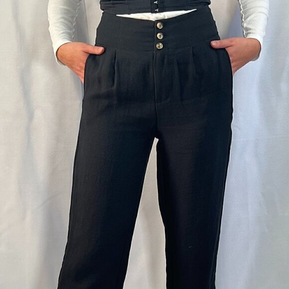 Cropped lightweight woven black straight leg high waisted trousers - Picture 4 of 4